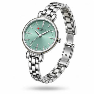 Montre femme argentée Minoran 9098 avec bracelet ouvert et cadran vert menthe