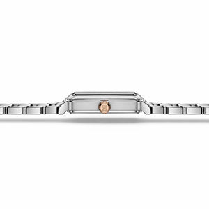 Vue latérale à 90 degrés de la montre Minoran NF5065 avec boîtier rectangulaire et bracelet argenté