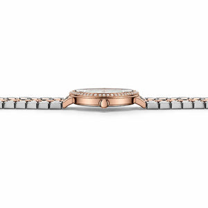 Profil à 90 degrés de la montre femme bicolore Minoran 9087 avec bracelet en acier inoxydable