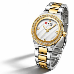 Minoran 9101 gold and silver two-tone women's watch, three-quarter view