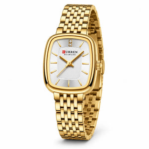 Montre femme dorée Minoran 9093 avec cadran rectangulaire blanc et bracelet en acier inoxydable, vue de face