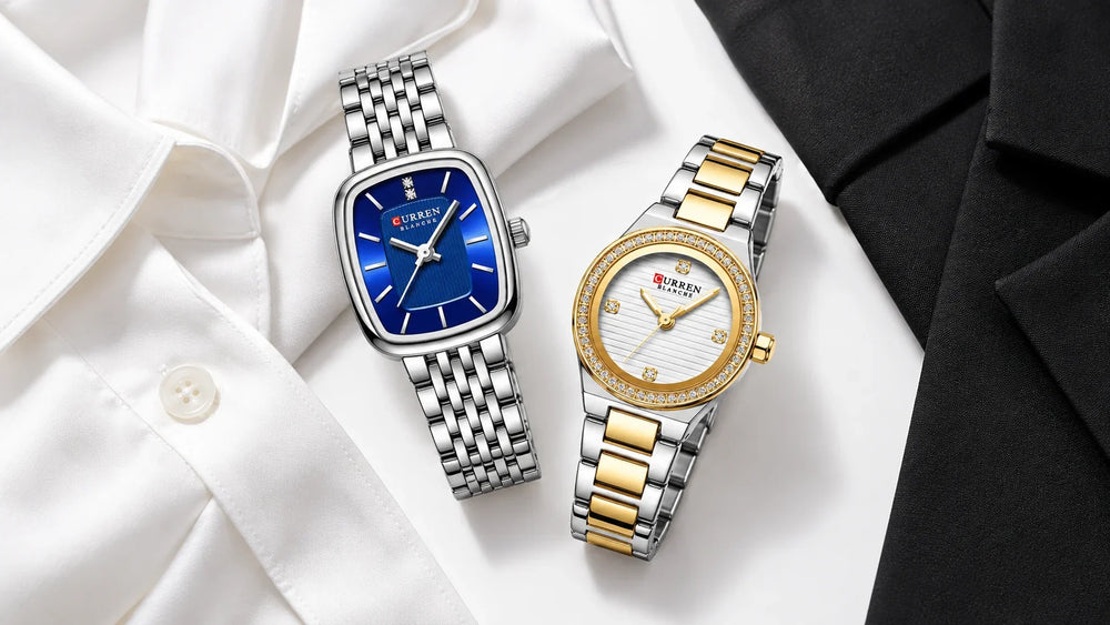 Montres femme Minoran argentée à cadran bleu et bicolore, associées à une chemise blanche et une veste noire.