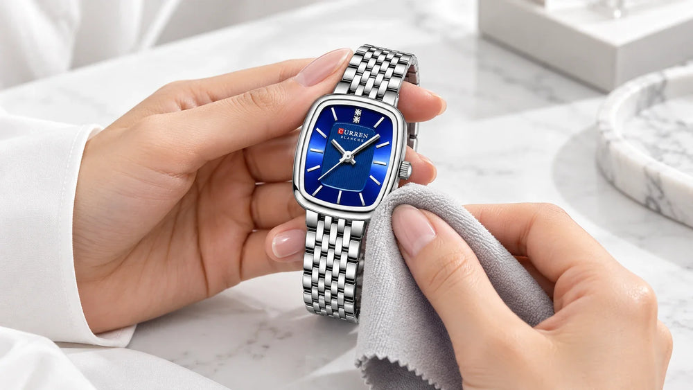 Nettoyage délicat du cadran d’une montre femme Minoran argentée à l’aide d’un chiffon doux.