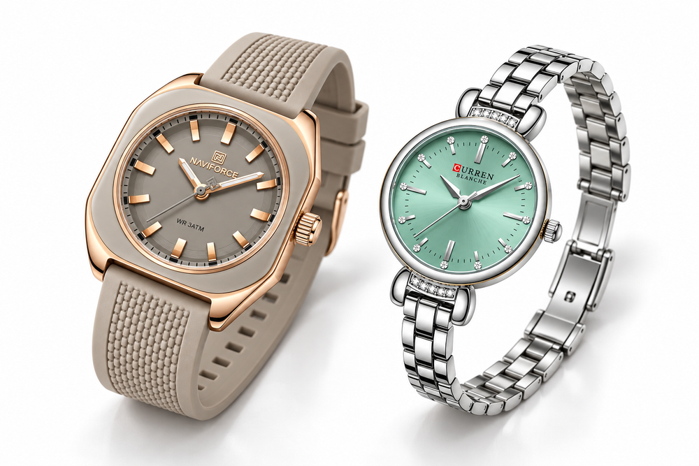 Montres Minoran NF5061 à bracelet silicone beige et Minoran 9098 à bracelet acier argenté, composition créée avec IA.