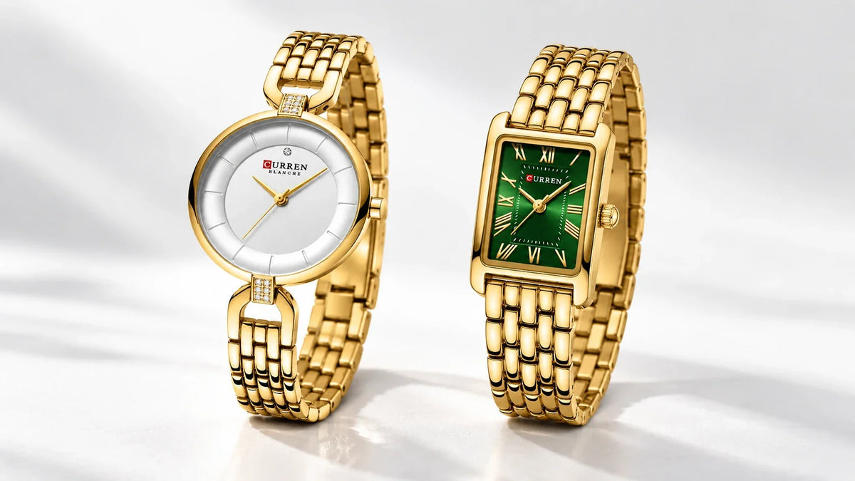 Comparaison d’une montre femme Minoran ronde dorée à cadran blanc et d’une montre rectangulaire dorée à cadran vert.