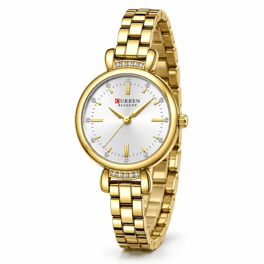 Montre Minoran 9098 dorée à cadran blanc vue de face sur fond blanc
