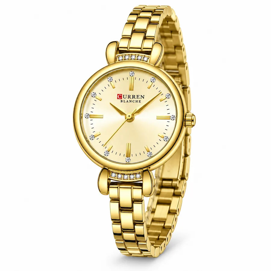 Montre Minoran 9098 dorée à cadran doré vue de face sur fond blanc
