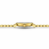 Montre Minoran 9098 dorée à cadran noir vue de profil, boîtier et bracelet étendus sur fond blanc