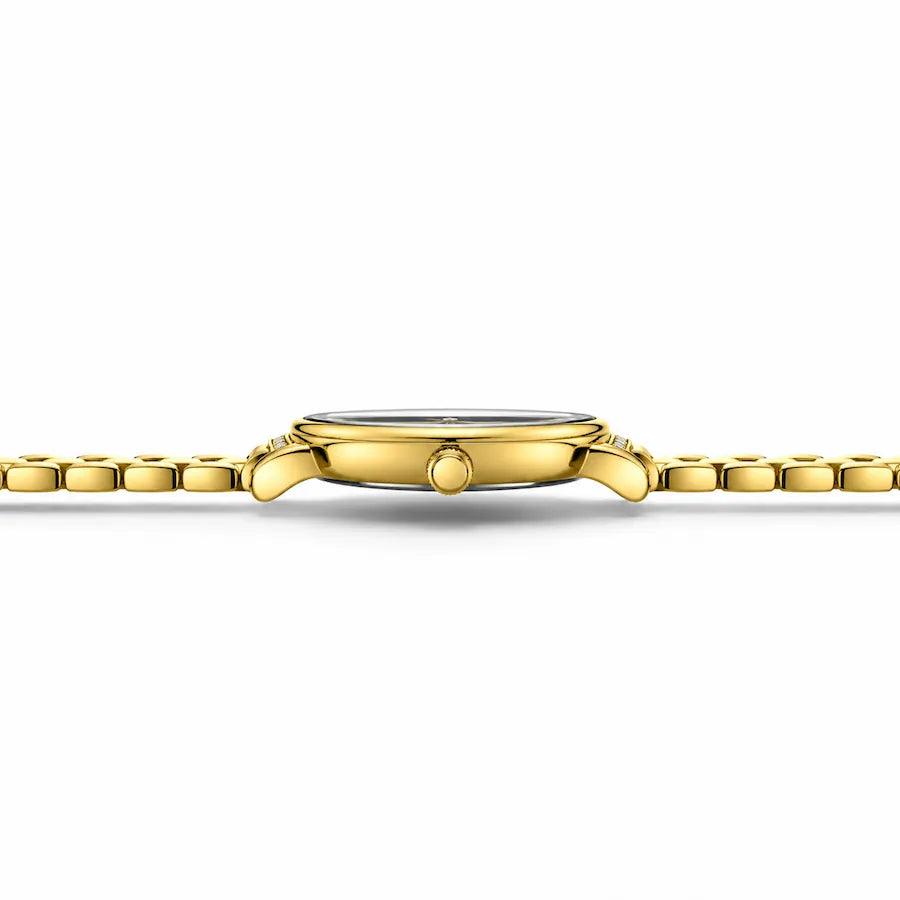 Montre Minoran 9098 dorée à cadran noir vue de profil, boîtier et bracelet étendus sur fond blanc