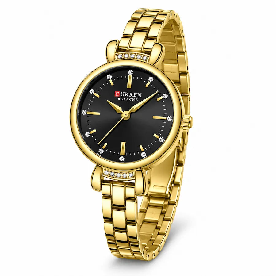 Montre Minoran 9098 dorée à cadran noir vue de face sur fond blanc