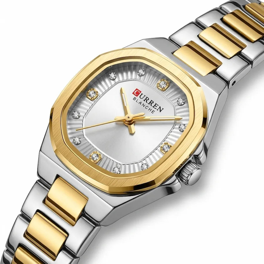 Montre femme bicolore à cadran argenté Minoran 9101, vue en diagonale du cadran et du bracelet