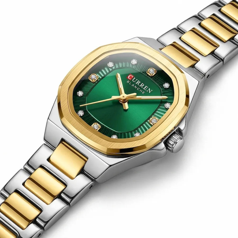 Montre femme bicolore à cadran vert Minoran 9101, vue en diagonale du cadran et du bracelet