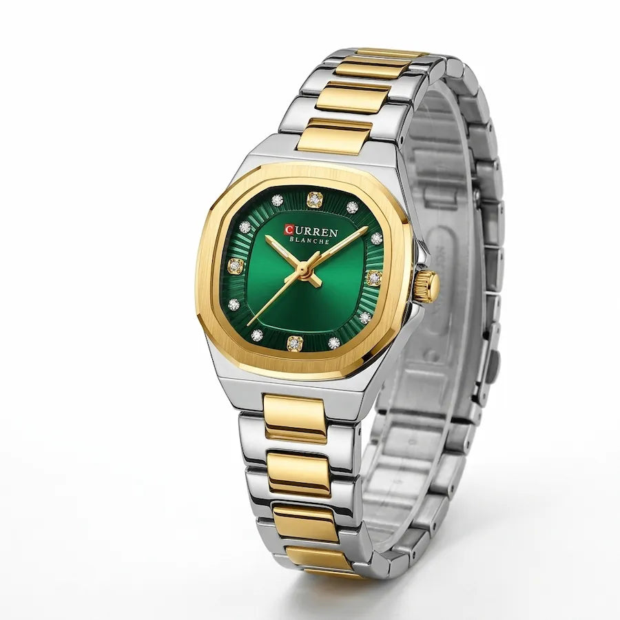Montre femme bicolore à cadran vert Minoran 9101, vue principale sur fond blanc
