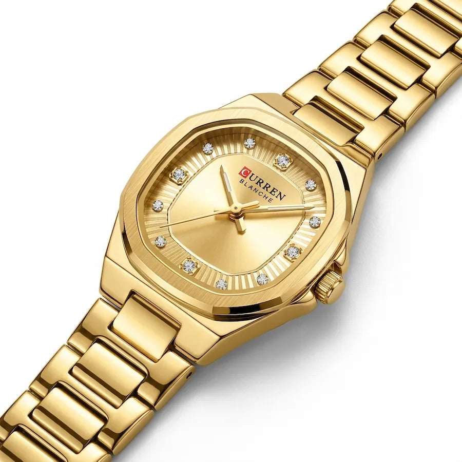 Montre femme dorée à cadran doré Minoran 9101, vue en diagonale du cadran et du bracelet