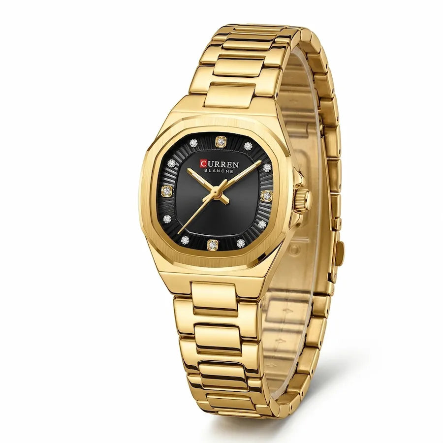 Montre femme dorée à cadran noir Minoran 9101, vue principale sur fond blanc