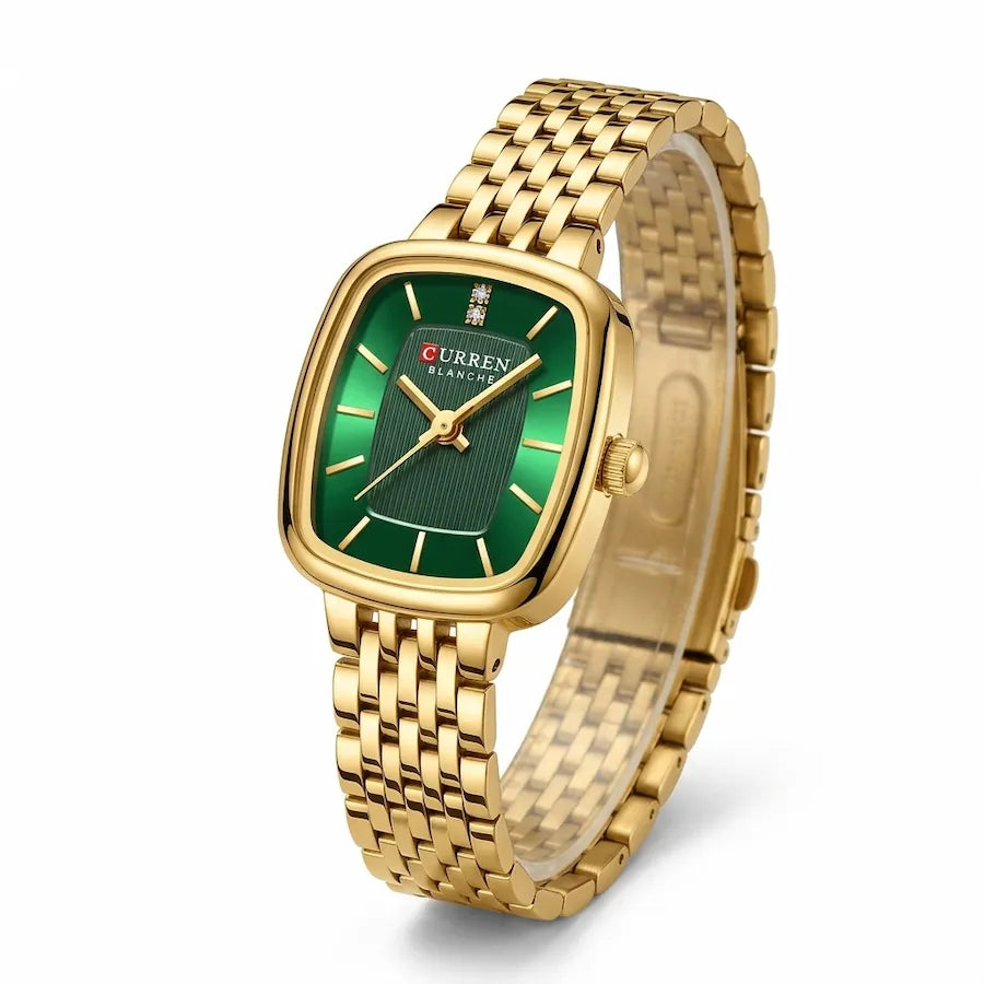 Montre femme dorée Minoran 9093 à cadran vert, vue principale sur fond blanc