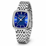 Montre femme argentée Minoran 9093 avec cadran bleu rectangulaire, vue de face