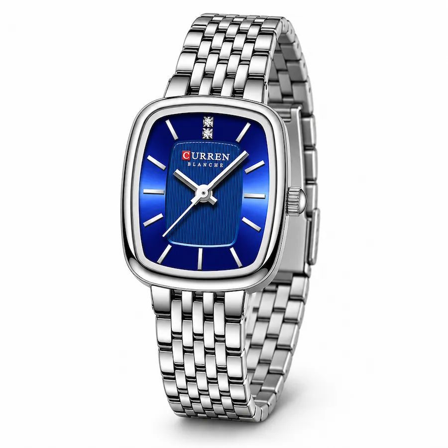 Montre femme argentée Minoran 9093 avec cadran bleu rectangulaire, vue de face