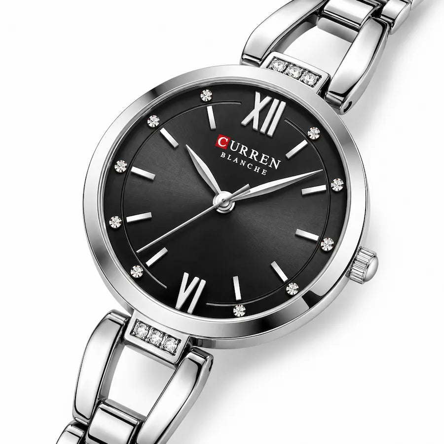 Montre femme Minoran 9092 argentée à cadran noir, vue en diagonale