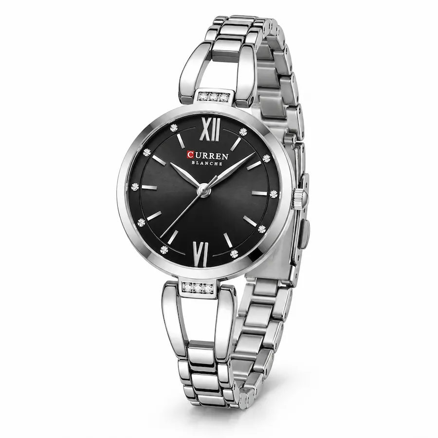 Montre femme Minoran 9092 argentée à cadran noir, vue de face