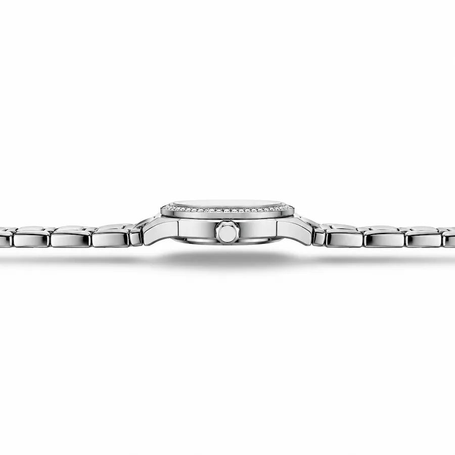 Profil latéral de la montre femme argentée Minoran 9101 avec boîtier de 9 mm
