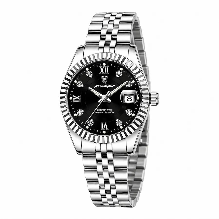 Montre femme argentée à cadran noir Minoran GoldenStar Lady, vue en arc, côté couronne