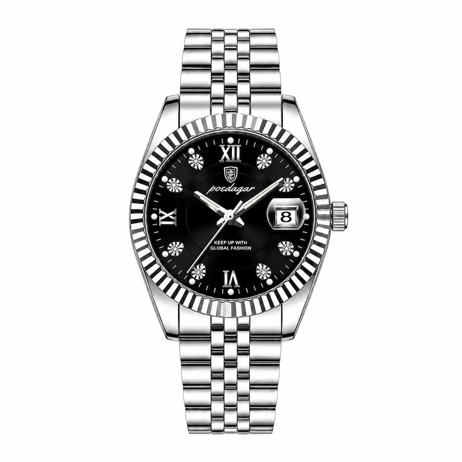 Montre femme argentée à cadran noir Minoran GoldenStar Lady, vue de face sur fond blanc