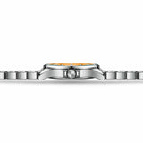 Profil latéral de la montre femme argentée Minoran 9090 à cadran orange