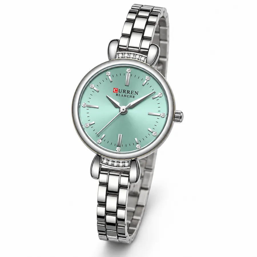 Montre femme argentée Minoran 9098 avec cadran rond vert menthe, vue de face