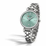 Montre femme argentée Minoran 9098 à cadran vert menthe sur fond blanc avec ombre
