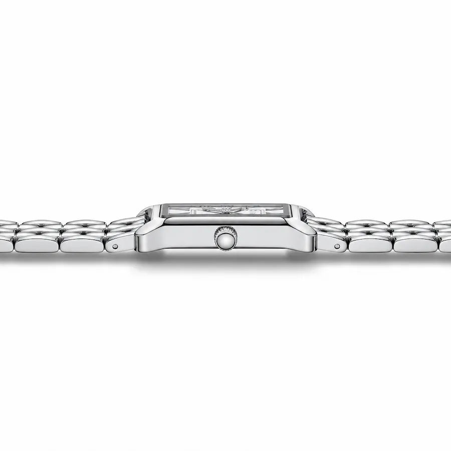 Profil latéral de la montre rectangulaire Minoran 9115 avec bracelet en acier inoxydable