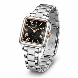 Montre femme argentée rectangulaire Minoran NF5065 avec cadran noir et bracelet en acier inoxydable, vue de face