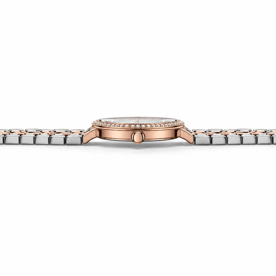 Profil à 90 degrés de la montre femme bicolore Minoran 9087 avec bracelet en acier inoxydable