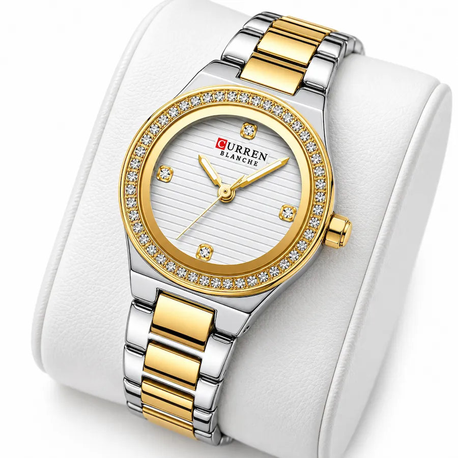 Minoran 9101 gold and silver two-tone women's watch, displayed on a white cushion