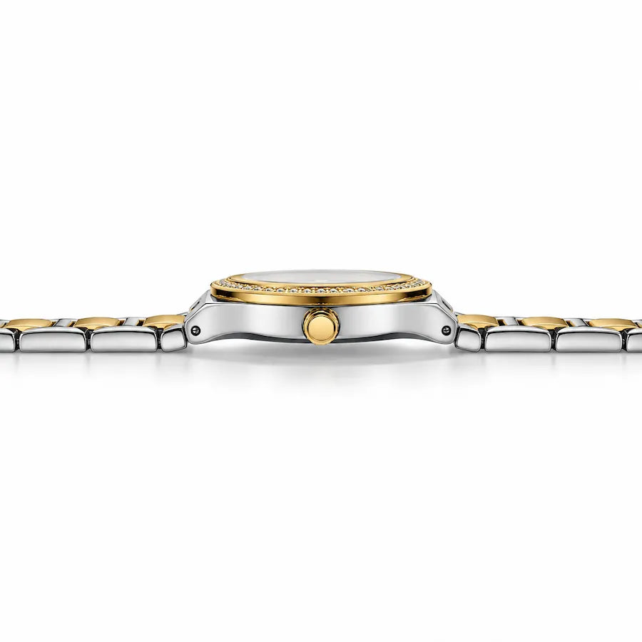 Minoran 9101 gold and silver two-tone women's watch, side profile