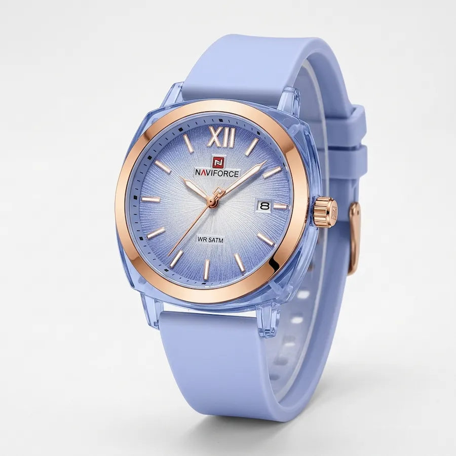 Montre femme Minoran NF6111, bracelet en silicone bleu clair et cadran bleu clair, vue en trois-quarts