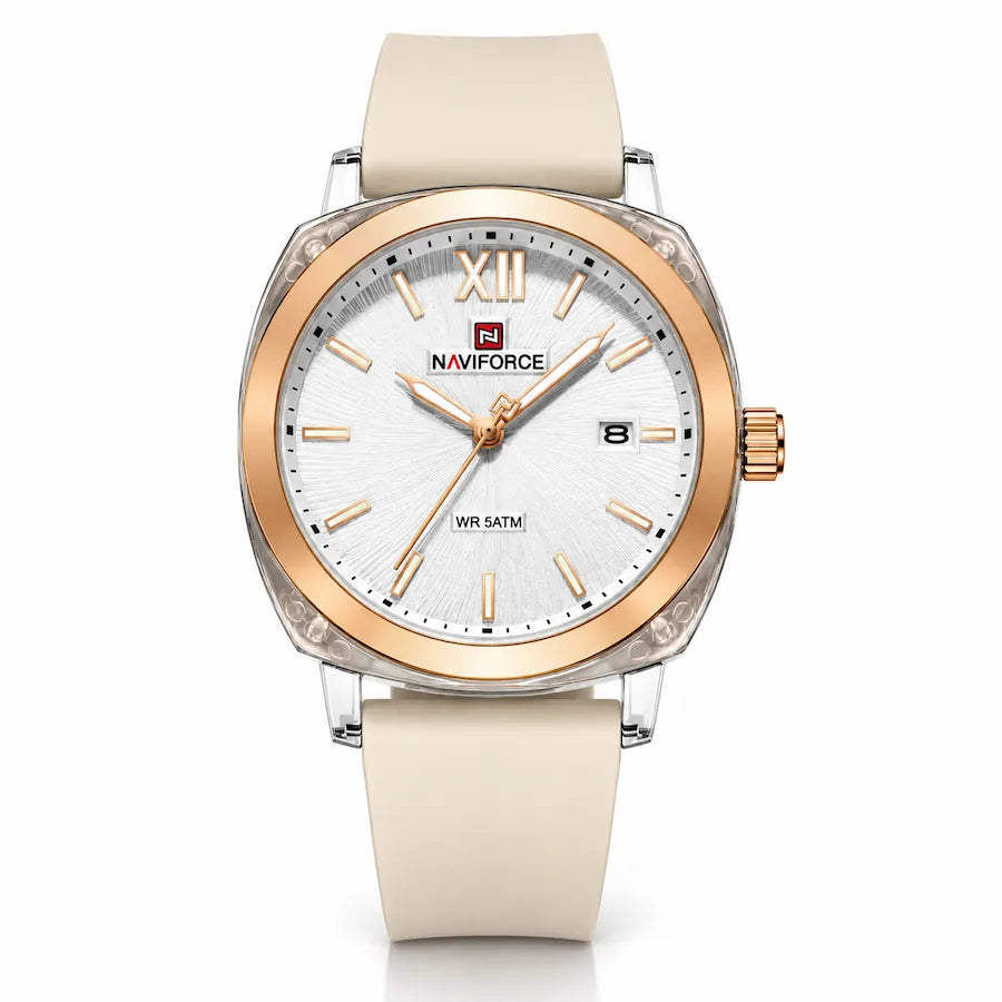 Montre femme Minoran NF6111, bracelet en silicone crème et cadran blanc, vue de face