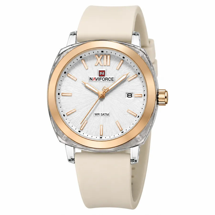 Montre femme Minoran NF6111, bracelet en silicone crème et cadran blanc, vue en trois-quarts