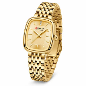 Montre femme dorée Minoran 9093 avec cadran doré rectangulaire et bracelet en acier inoxydable, vue de face