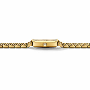 Vue latérale à 90 degrés de la montre Minoran 9093 avec bracelet doré en acier inoxydable