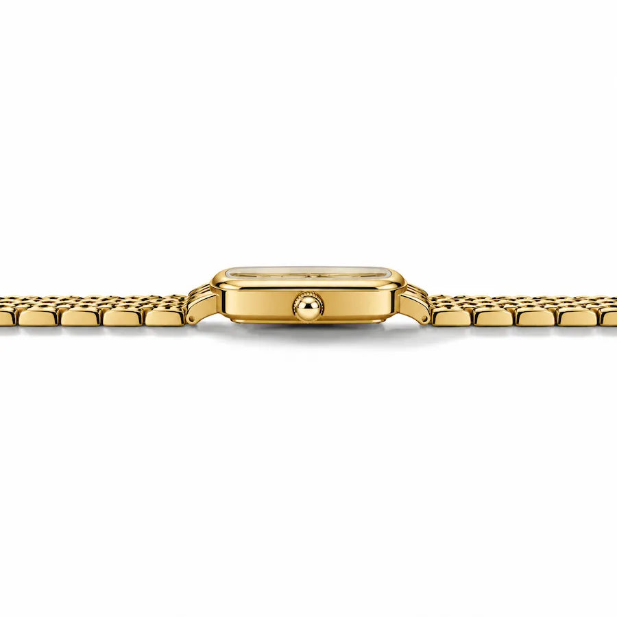 Vue latérale à 90 degrés de la montre Minoran 9093 avec bracelet doré en acier inoxydable