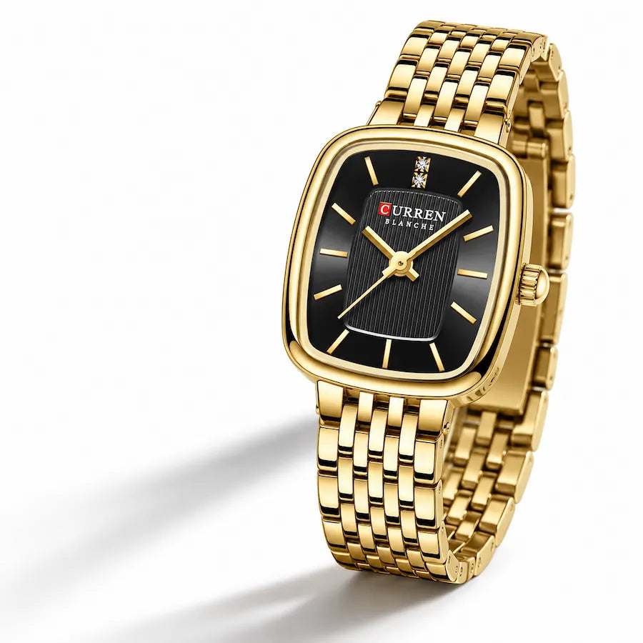 Montre femme dorée Minoran 9093 à cadran noir dans une mise en scène minimaliste sur fond blanc