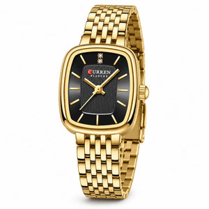 Montre femme dorée Minoran 9093 avec cadran noir rectangulaire et bracelet en acier inoxydable, vue de face