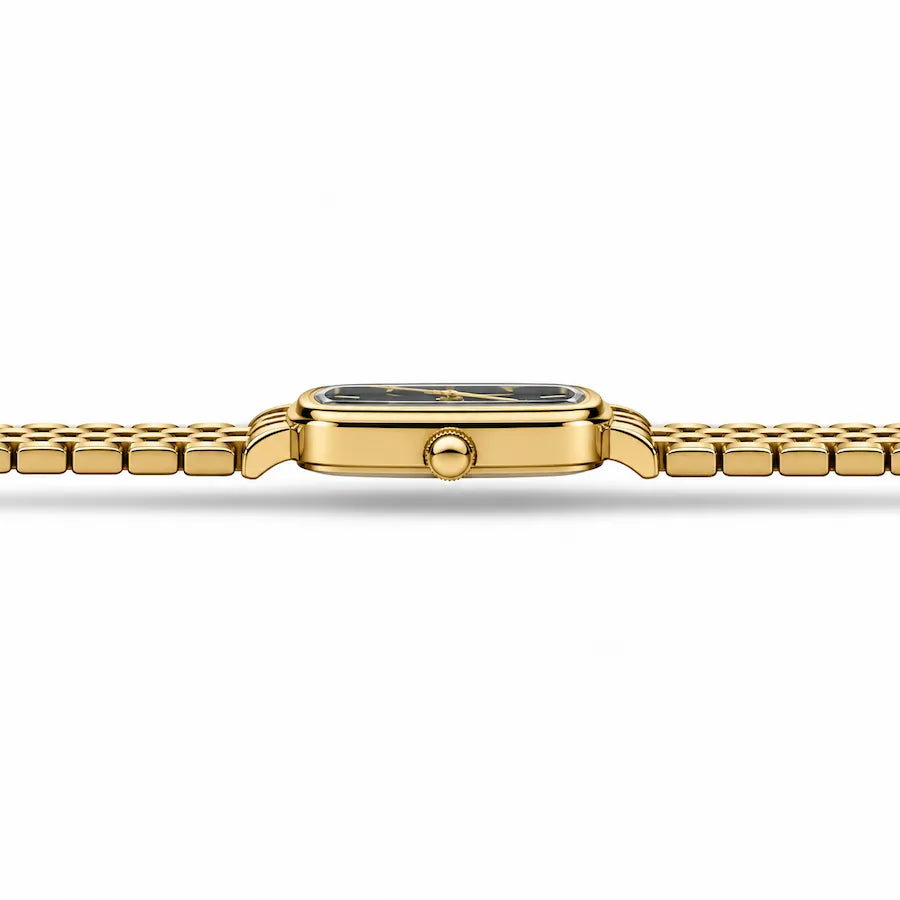 Vue latérale à 90 degrés de la montre Minoran 9093 avec bracelet doré en acier inoxydable