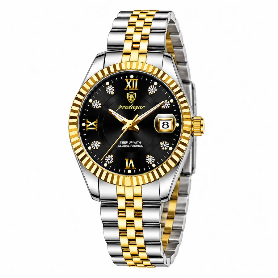 Montre femme dorée à cadran noir Minoran GoldenStar Lady, vue en arc, côté couronne