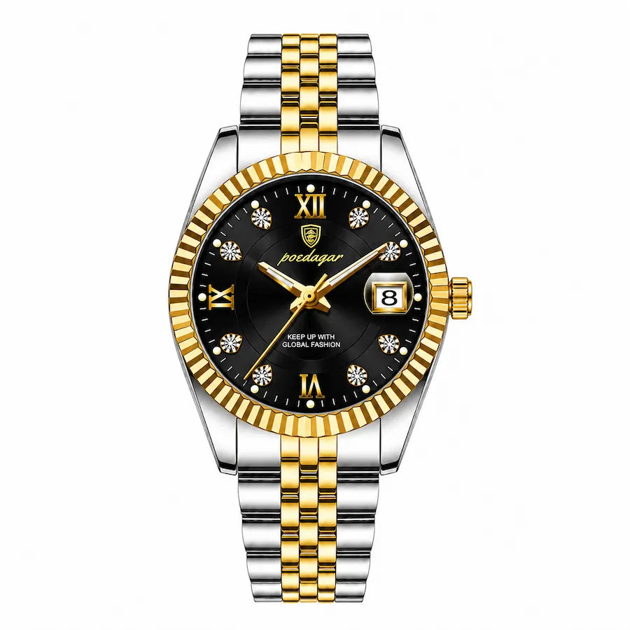 Montre femme dorée à cadran noir Minoran GoldenStar Lady, vue de face sur fond blanc