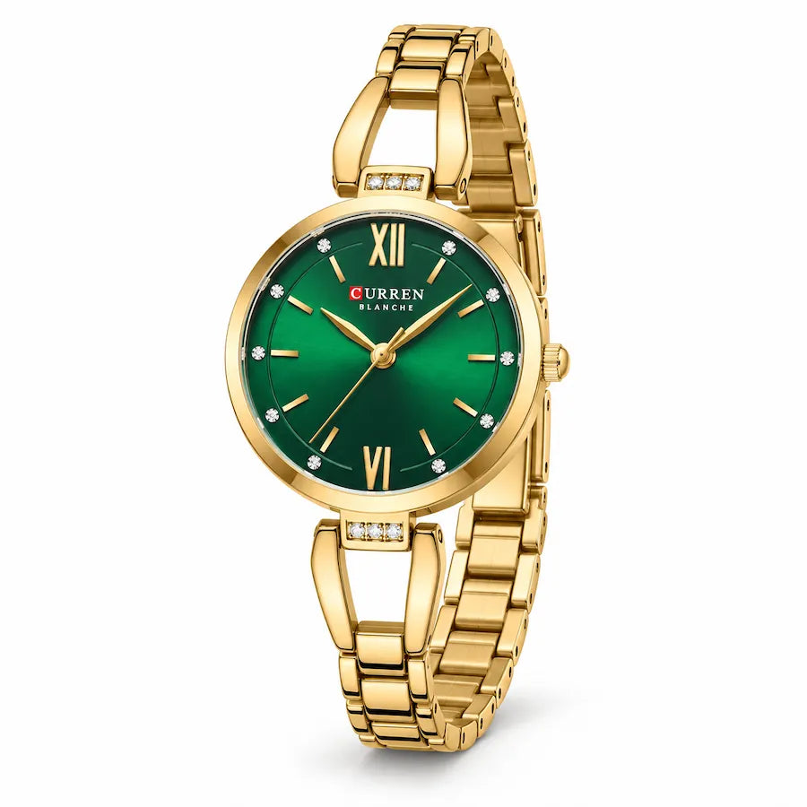 Montre femme dorée Minoran 9092 à cadran vert, vue de face