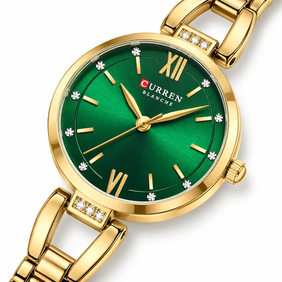 Montre femme dorée à cadran vert Minoran 9092 en gros plan diagonal