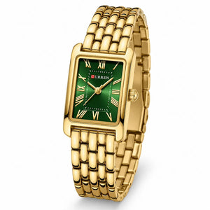 Montre femme dorée Minoran 9115 avec cadran vert rectangulaire, vue de face