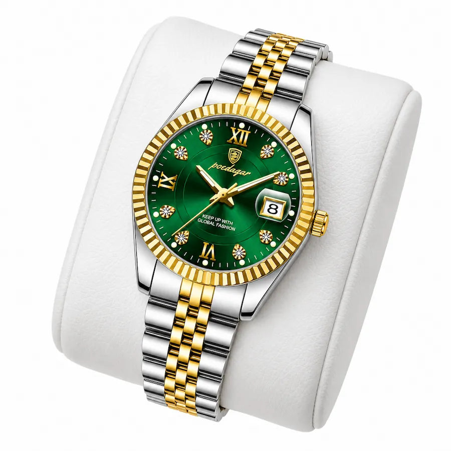 Montre femme dorée à cadran vert Minoran GoldenStar Lady, posée sur un coussin blanc